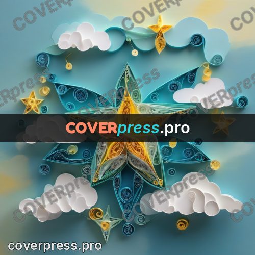 Paper quilling design: yellow star above clouds