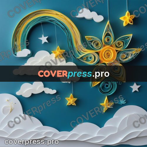 Paper quilling design: yellow star above clouds