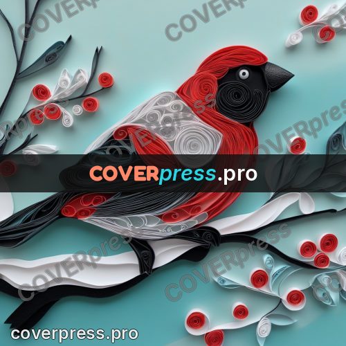 Paper quilling design: bullfinch on a berry branch