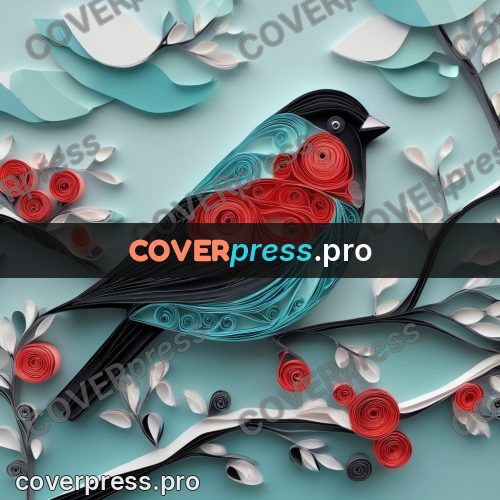 Paper quilling design: bullfinch on a berry branch