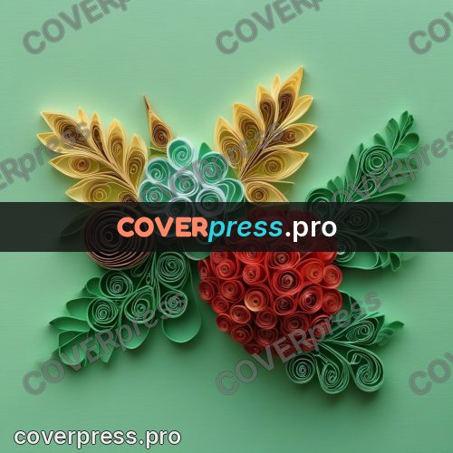 Paper quilling design: red coils among green leaves