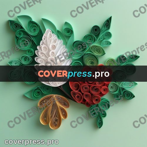 Paper quilling design: red coils among green leaves