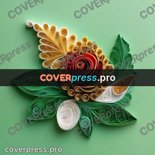 Paper quilling design: red coils among green leaves