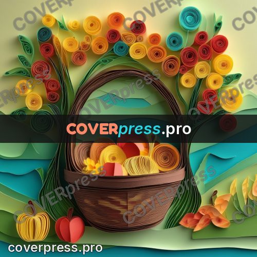 Paper quilling design: basket of fruit on grass
