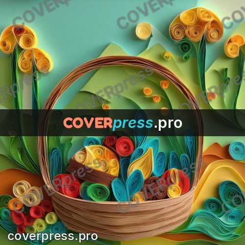 Paper quilling design: basket of fruit on grass