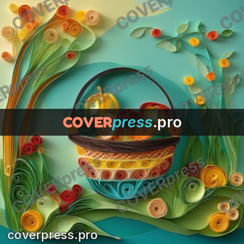Paper quilling design: basket of fruit on grass