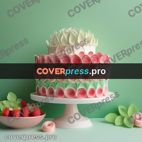 Paper quilling design: cake on a stand with strawberries