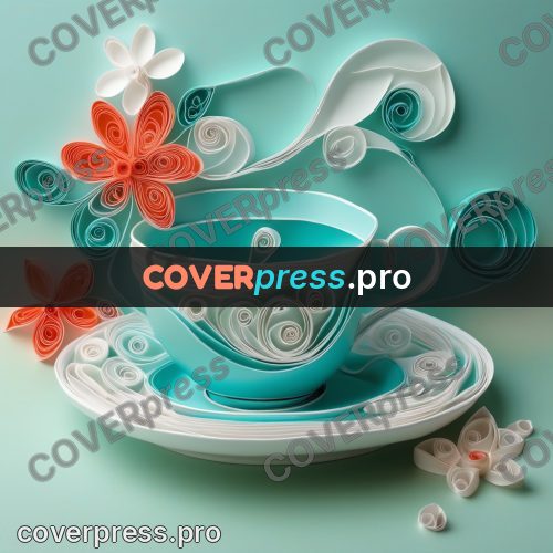 Paper quilling design: cup and saucer with flowers