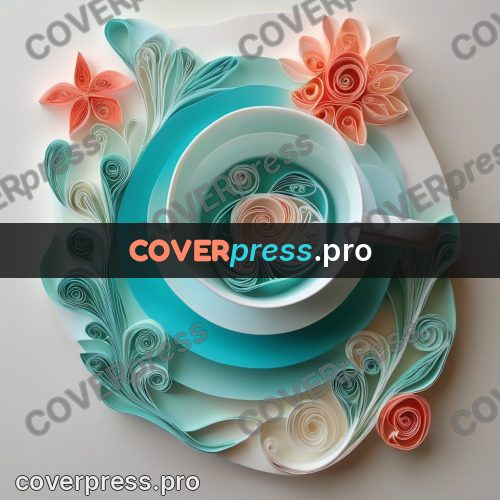 Paper quilling design: cup and saucer with flowers