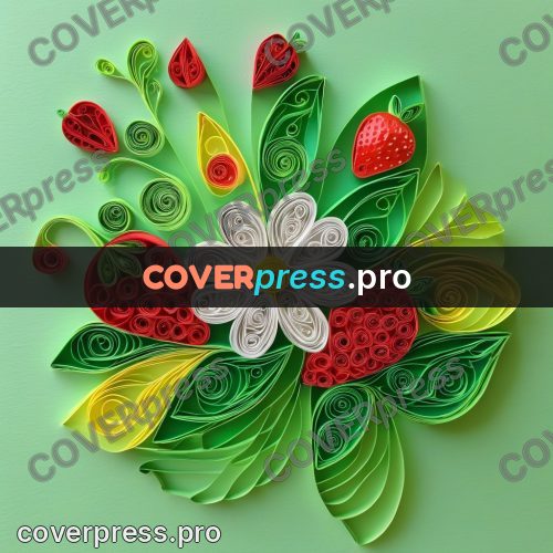 Paper quilling design: large strawberry among leaves