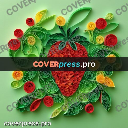 Paper quilling design: large strawberry among leaves