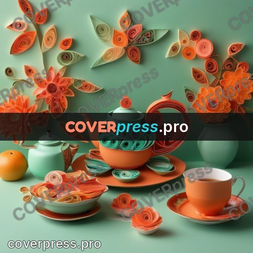 Paper quilling design: teapot with cups on a table