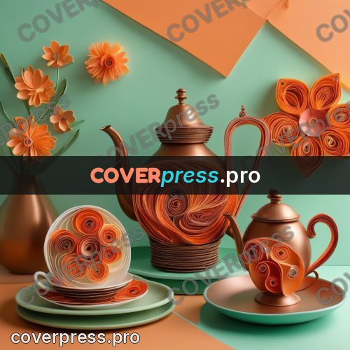 Paper quilling design: teapot with cups on a table
