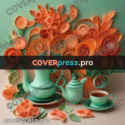 Paper quilling design: teapot with cups on a table
