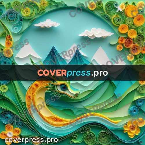 Paper quilling design: green dragon over the mountains