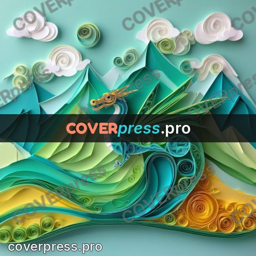 Paper quilling design: green dragon over the mountains