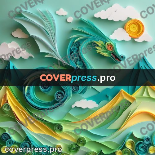 Paper quilling design: green dragon over the mountains