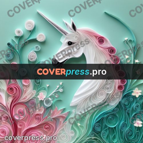 Paper quilling design: white unicorn with a pink mane