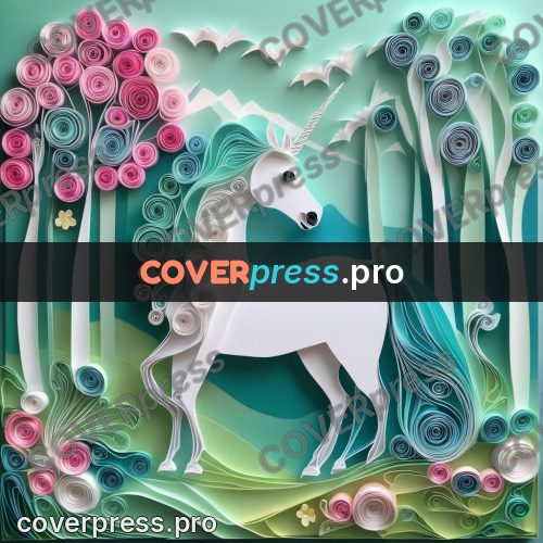 Paper quilling design: white unicorn with a pink mane