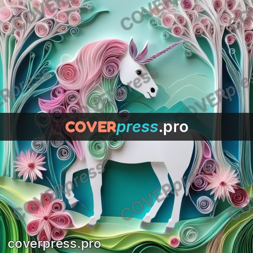 Paper quilling design: white unicorn with a pink mane