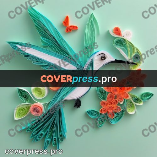 Paper quilling design: hummingbird by red flowers