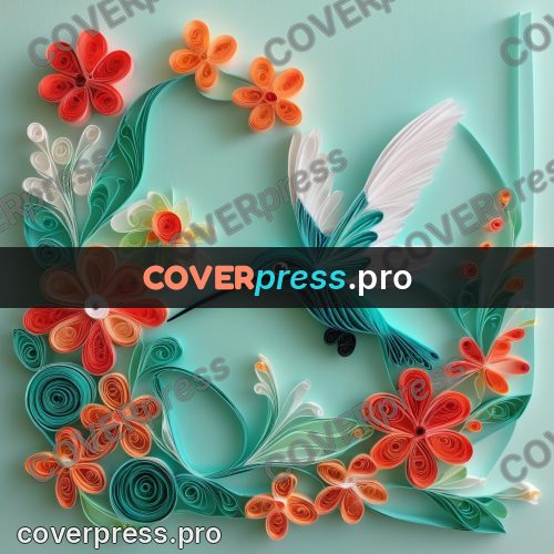 Paper quilling design: hummingbird by red flowers