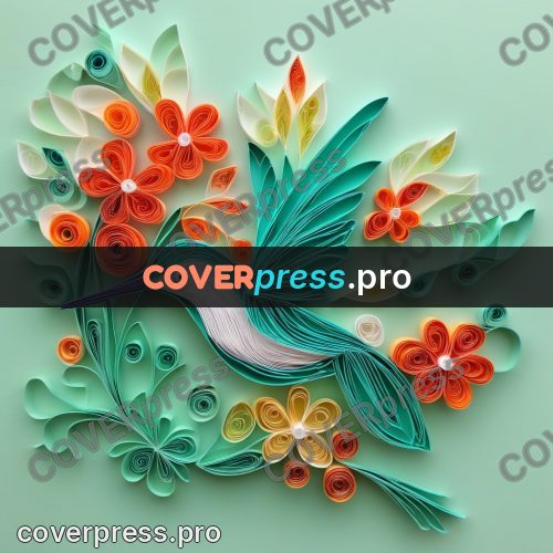 Paper quilling design: hummingbird by red flowers