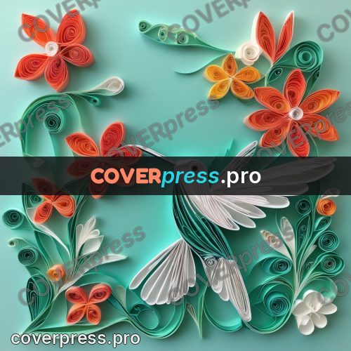 Paper quilling design: hummingbird by red flowers