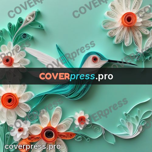 Paper quilling design: hummingbird by red flowers
