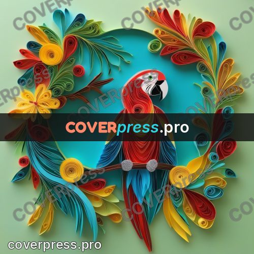 Paper quilling design: macaw among coloured leaves