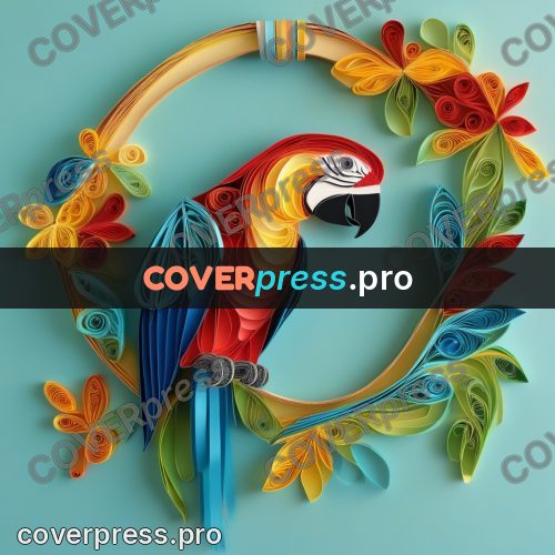 Paper quilling design: macaw among coloured leaves