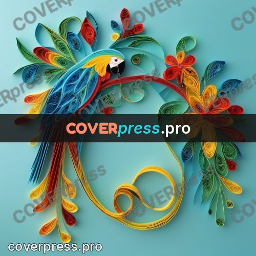 Paper quilling design: macaw among coloured leaves