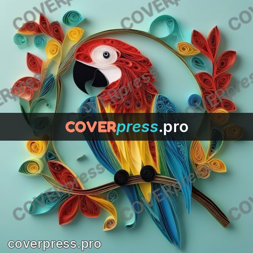 Paper quilling design: macaw among coloured leaves