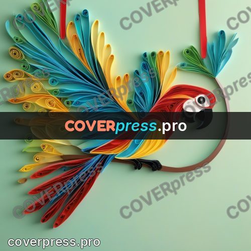 Paper quilling design: macaw among coloured leaves