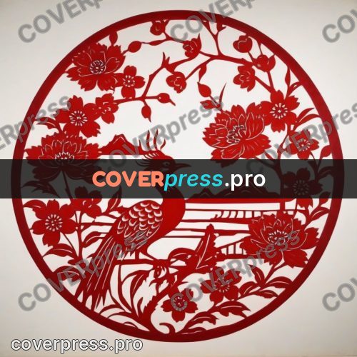 Papercut print: blossom branches in a round frame