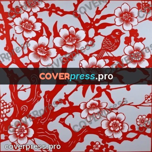 Papercut print: plum branches in blossom