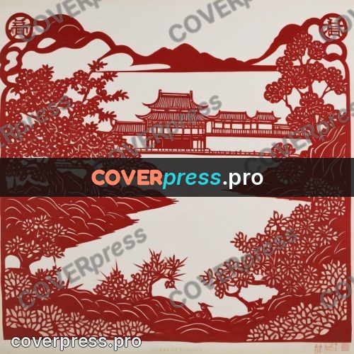 Papercut print: landscape with a pagoda and hills