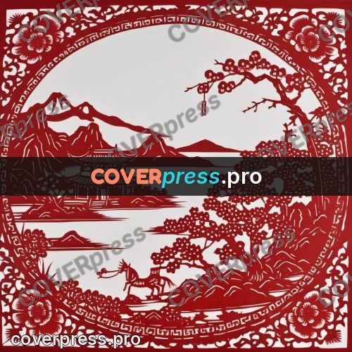 Papercut print: landscape with a pagoda and hills
