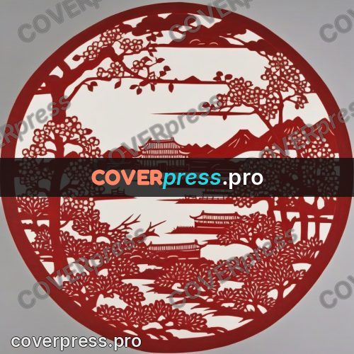 Papercut print: landscape with a pagoda and hills
