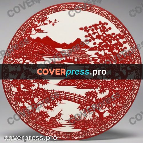 Papercut print: landscape with a pagoda and hills