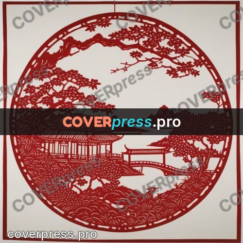 Papercut print: landscape with a pagoda and hills