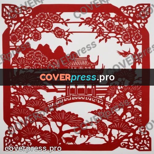 Papercut print: pavilions and bridge in a frame