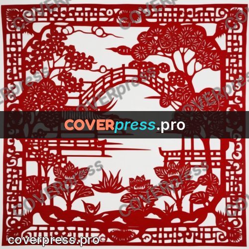 Papercut print: pavilions and bridge in a frame