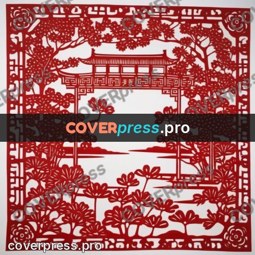 Papercut print: pavilions and bridge in a frame