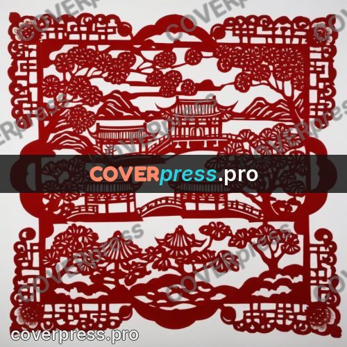 Papercut print: pavilions and bridge in a frame