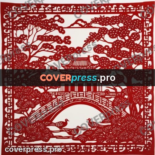 Papercut print: pavilions and bridge in a frame