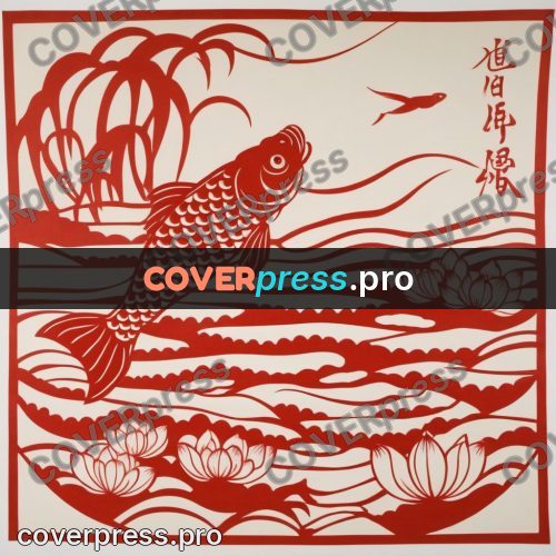 Papercut print: carp leaping from the water