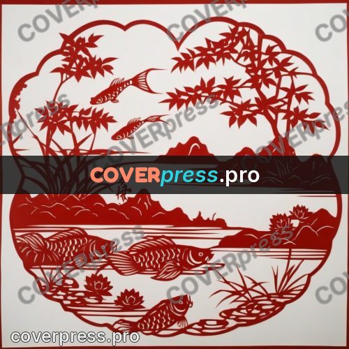 Papercut print: carp in a reedy pond