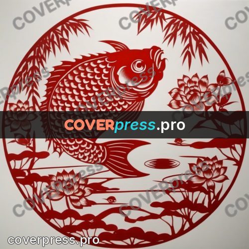 Papercut print: carp in a reedy pond
