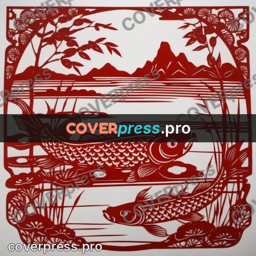 Papercut print: carp in a reedy pond